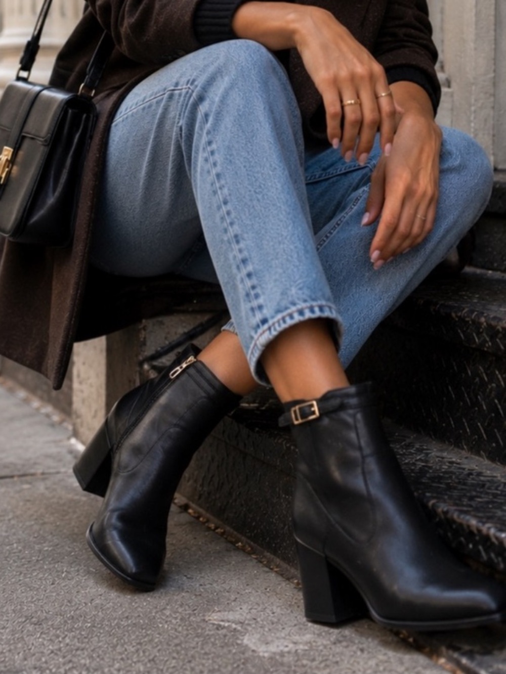 Franco Sarto Tribute Classic Black Leather Ankle Boots with Gold Buckle 8.5 NEW